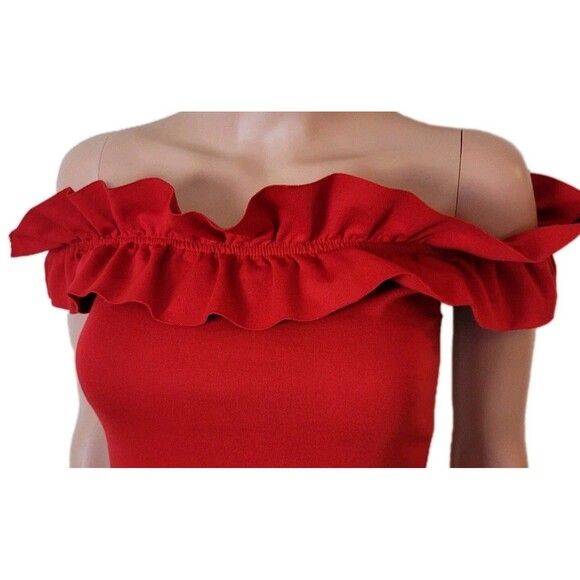 Zara Trafaluc Ruffled Off-Shoulder Dress Women’s Med Red Bodycon festive Mini - Picture 1 of 8